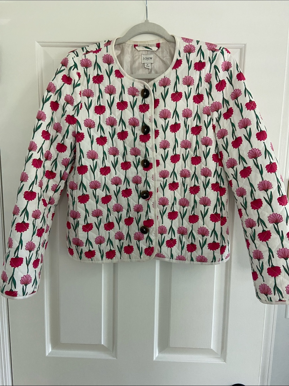 J. Crew Factory White Quilted Floral Blazer with Pink & Red Blooms